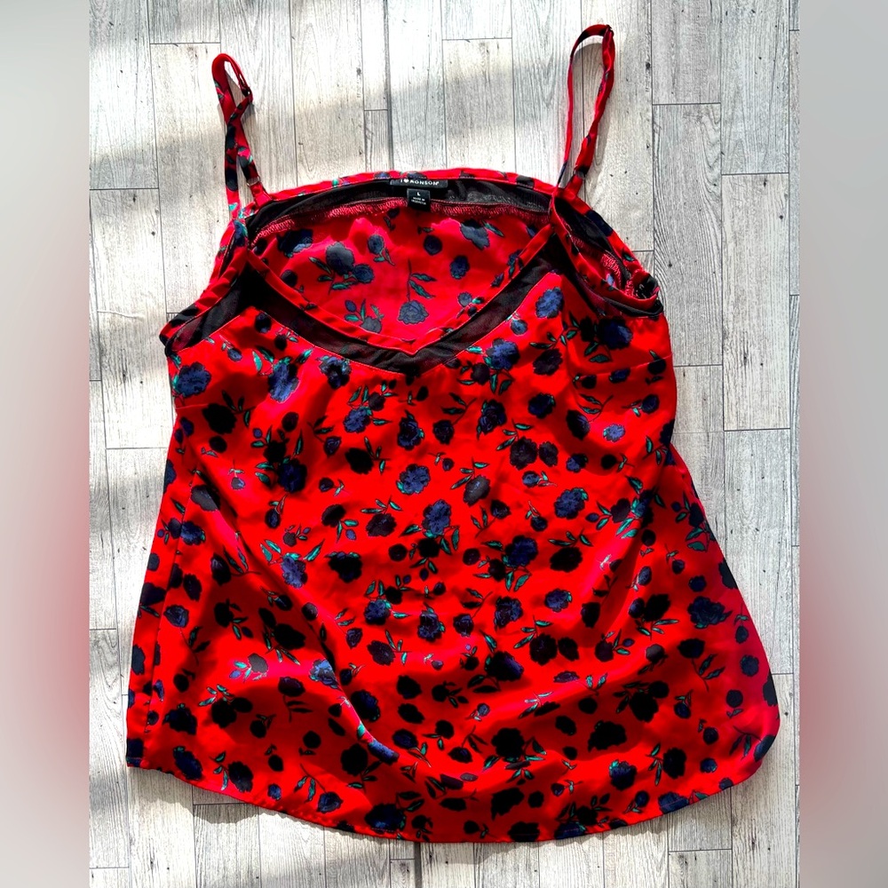 Womens I Heart Ronson Top Size Large Red Silky‎ Cami Floral Pattern Sheer Trim
